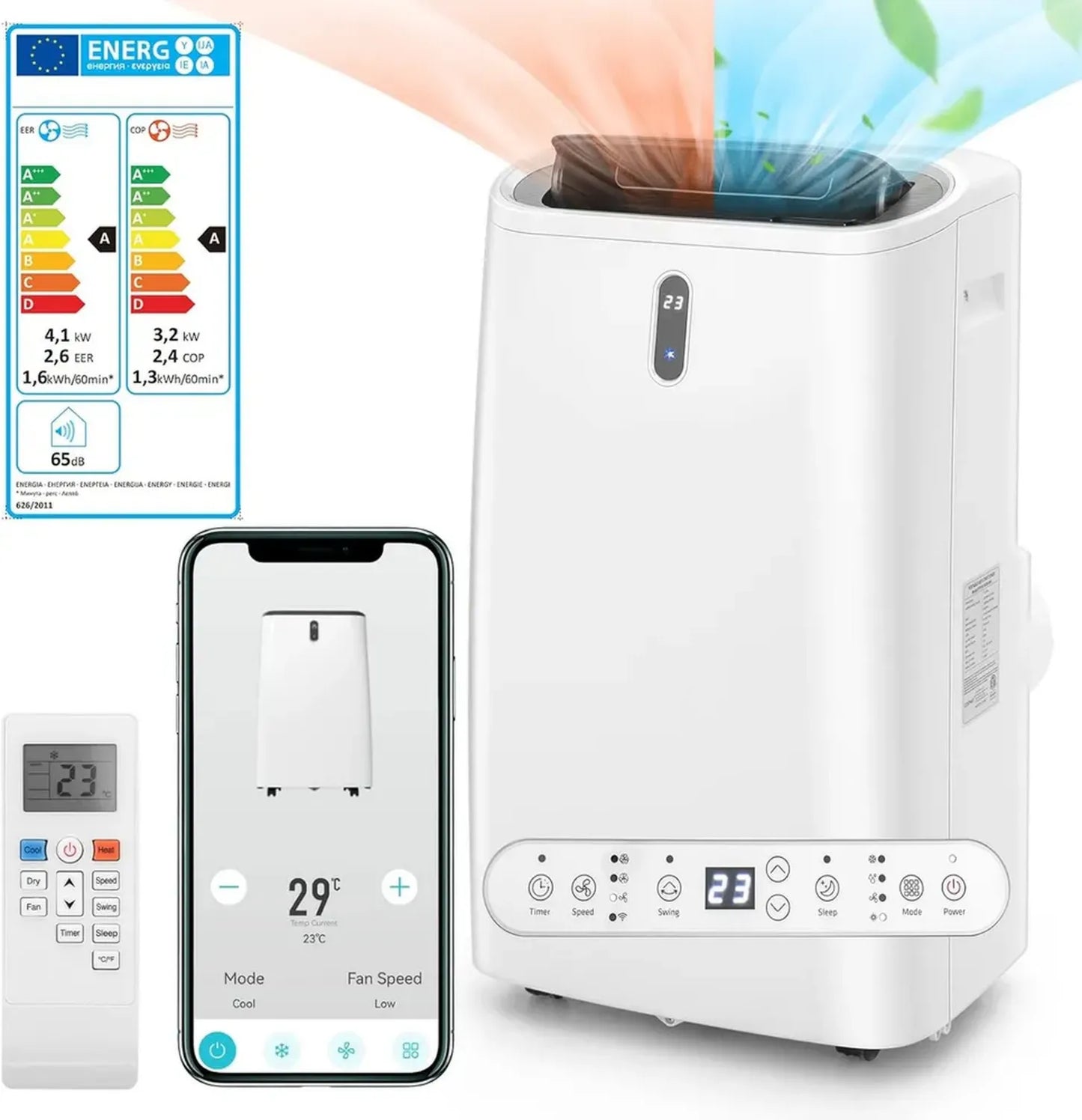 Climatiseur Mobile 5 en 1 Silencieux avec Évacuation et Mode Nuit