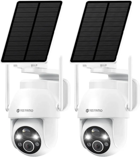 Caméra de Surveillance Extérieure 2K WiFi sans Fil avec Panneau Solaire, Vision Nocturne Couleur, 360° PTZ, Audio Bidirectionnel (Blanc, Lot de 2)