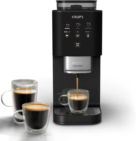 Machine à café à grains ultra-compacte Krups, nettoyage facile, modèle noir SA4028E0